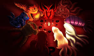 一個小人被九個惡魔生物包圍在紅色儀式圈中。 — 火影忍者 壁紙