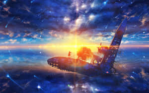一個人在夕陽星空下，站在一棵樹根纏繞的浮空飛機上。 — 2880x1800 壁紙