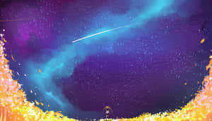一個女孩在色彩繽紛的夜空下，仰望流星穿過飄落的秋葉。 — 漫畫 壁紙