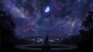 一個人凝視著發光城市上空星空的剪影。 — 漫畫 壁紙