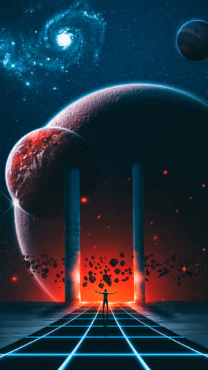 人在發光網格上站在宇宙柱之間，星空下有行星