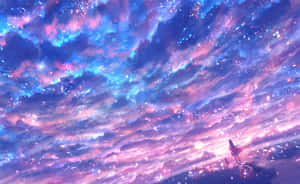 一個人仰望充滿魔法粒子的發光粉紅色和藍色天空。 — 天空景觀 壁紙