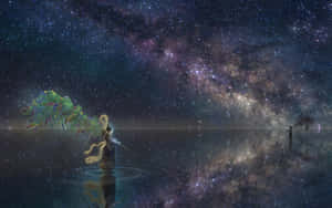 水中的人手持發光的樹，在星空下，有銀河倒影。 — 漫畫分鏡gif 壁紙