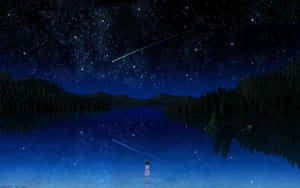 一個女孩凝視著寧靜湖面倒映的星空，四周環繞著森林。 — 動漫風景 壁紙