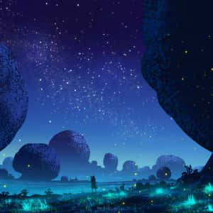 一個人在發光的外星景觀中站在星空下的剪影。 — 森林 壁紙