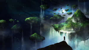 一個人的剪影站在浮島上，星空下，瀑布傾瀉。 — 暮光 壁紙