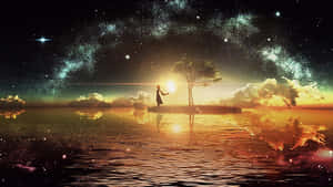 一個人的剪影站在浮島上的樹旁，星空下是鏡面般的水面。 — 森林 壁紙