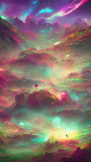 在色彩繽紛的外星天空下，發光山上的孤獨探險家。 — 天空美學 壁紙