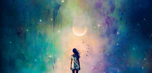 一個女孩仰望星空，看著彎月，周圍是色彩繽紛的星雲。 — 湖 壁紙