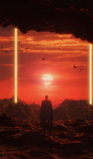 一個人的剪影站在岩石地形上，在紅色天空下，有發光的柱子和夕陽。 — Galaxy Tab A11 壁紙