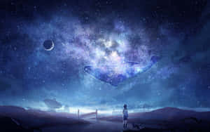 小孩與狗看著一條宇宙鯨魚在星空夜空中滑行。 — 漫畫 壁紙