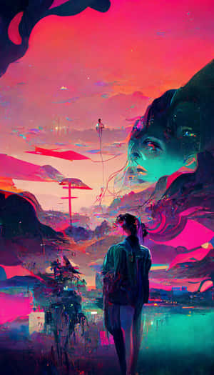 人站在發光的未來城市景觀中，有漂浮的元素和天空中一個巨大的面孔。 — 美景 壁紙