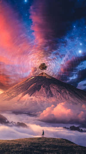 人站在山丘上俯瞰有孤樹的山峰，背景是色彩繽紛的宇宙天空。 — 夜空 壁紙