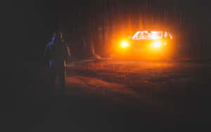 夜晚站在森林中，面向車頭燈明亮的汽車的人。 — 黑暗森林 壁紙