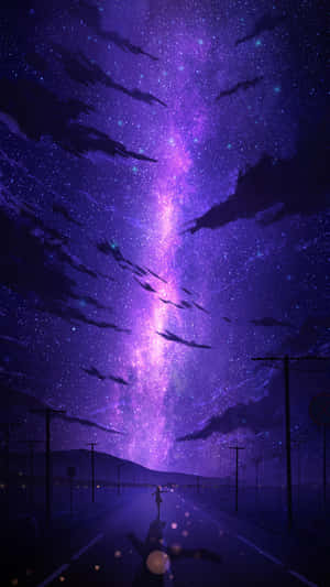 人站在路上，紫色星空下，鳥兒飛翔。 — 夜空 壁紙