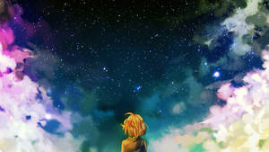 金髮動漫女孩仰望帶有星雲的彩色星空。 — 可愛動漫女仔 壁紙