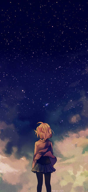 金發動漫女孩站在雲端上，凝視著星空。 — Galaxy Note 壁紙
