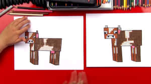孩子用顏色鉛筆繪畫嘅Minecraft牛圖畫喺紅色書枱上。 — 牛 壁紙