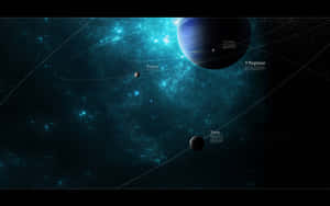 海王星及其衛星在藍色星雲中運行，帶有標記的軌道。 — 行星 壁紙