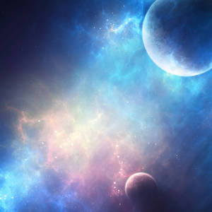 兩顆行星在充滿星星和宇宙塵埃的彩色星雲中運行。 — 銀河 壁紙