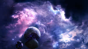 太空中帶有星星和行星的紫色和藍色星雲。 — 外太空 壁紙