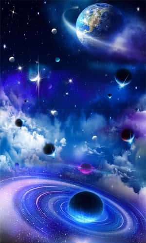 地球漂浮在星星和一個帶有旋轉藍色環的發光黑洞之間。 — Galaxy Tab A11 壁紙