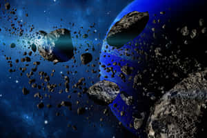 一顆藍色行星被漂浮的小行星環繞在繁星點點的太空中。 — Surface Pro 壁紙