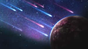 行星與流星在多彩星雲中 — 月色夜空 壁紙