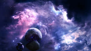 充滿活力的紫色和藍色星雲，在深空中閃耀著恆星和行星。 — Astroworld GIF 壁紙