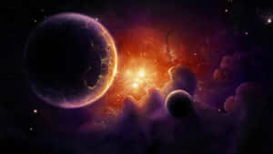 充滿活力的宇宙星雲，帶有發光的行星和深空星場。 — 月色夜空 壁紙
