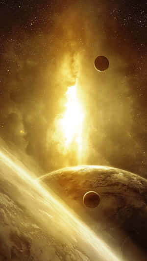金色星雲在繁星點點的太空場景中，在行星背後發光。 — 銀河 壁紙