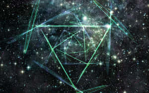 綠色激光線條在佈滿星星的宇宙星雲中形成幾何形狀。 — 深綠色 壁紙