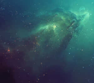 太空中帶有發光星星的充滿活力的青綠色和綠色星雲。 — Galaxy Tab 壁紙