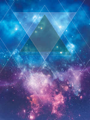 一個發光的三角形網格覆蓋著一個色彩繽紛的宇宙星雲和星星。