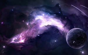 一個發光的紫色星雲，其中有星星和一顆行星。