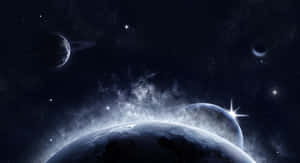 在繁星點點的宇宙場景中，一顆帶有光環和衛星的藍色行星。 — 天空美學 壁紙