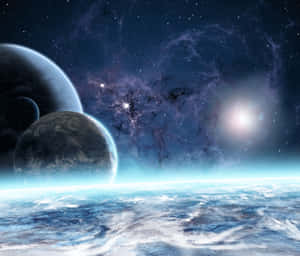 兩顆行星圍繞一顆明亮恆星運行，在深空中帶有發光的星雲。 — 天空美學 壁紙