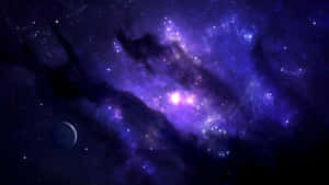 深空中帶有星星和一顆行星的紫色星雲。
