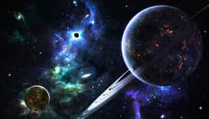 一個帶有光輝表面噴發的環狀行星，位於充滿恆星的彩色星雲中。 — 太空美學 GIF 壁紙