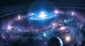 充滿活力的宇宙場景，有旋轉星系和發光星雲，並有行星。 — 夜空 壁紙