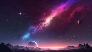 山脈上方有發光星星和遙遠行星的紫色和粉紅色星雲。