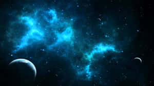 充滿活力的藍色星雲和行星漂浮在佈滿星星的空間中。 — 太空美學 GIF 壁紙