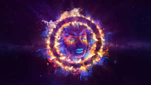 太空中一個發光的臉孔，被火環和星星環繞。 — 5120x2880 壁紙