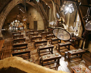 歷史悠久的石頭教室，配有木製書桌、書籍和漂浮的玻璃地球儀。 — 霍格華茲 GIF 壁紙