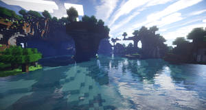 像素化嘅Minecraft水景，有浮島同樹木，喺晴朗嘅天空下。 — 湖景 壁紙