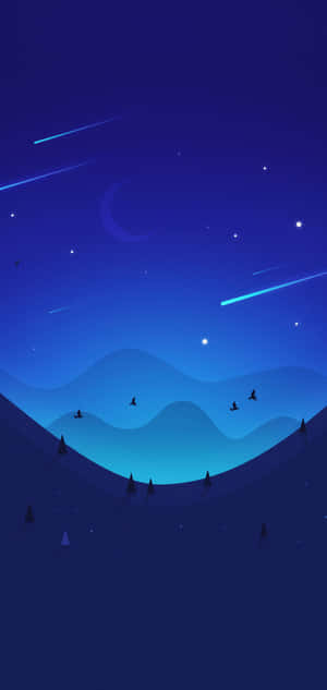 夜空有新月流星在風格化的山脈和飛鳥之上。 — Galaxy Note 壁紙