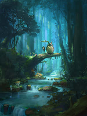 龍貓和一隻小生物坐在發光森林小溪上方的樹枝上。 — Kindle Paperwhite 壁紙