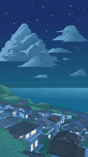 海邊村莊夜景，窗戶在星空下閃爍著光芒。 — 靚靚動畫 壁紙