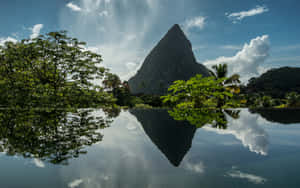一個平靜的無邊際泳池在晴朗的天空下映照著雄偉的山脈和熱帶植物。 — 海灘 壁紙