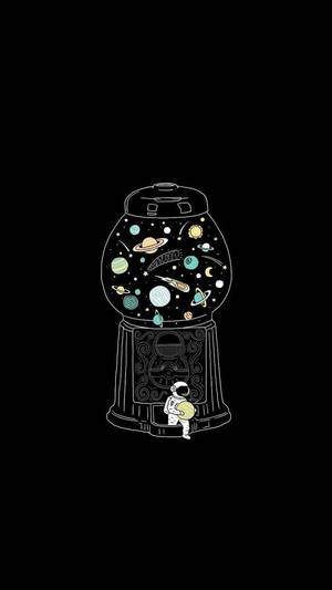 一個小太空人在宇宙扭蛋機前拿著一個行星。 — 可愛卡通 壁紙